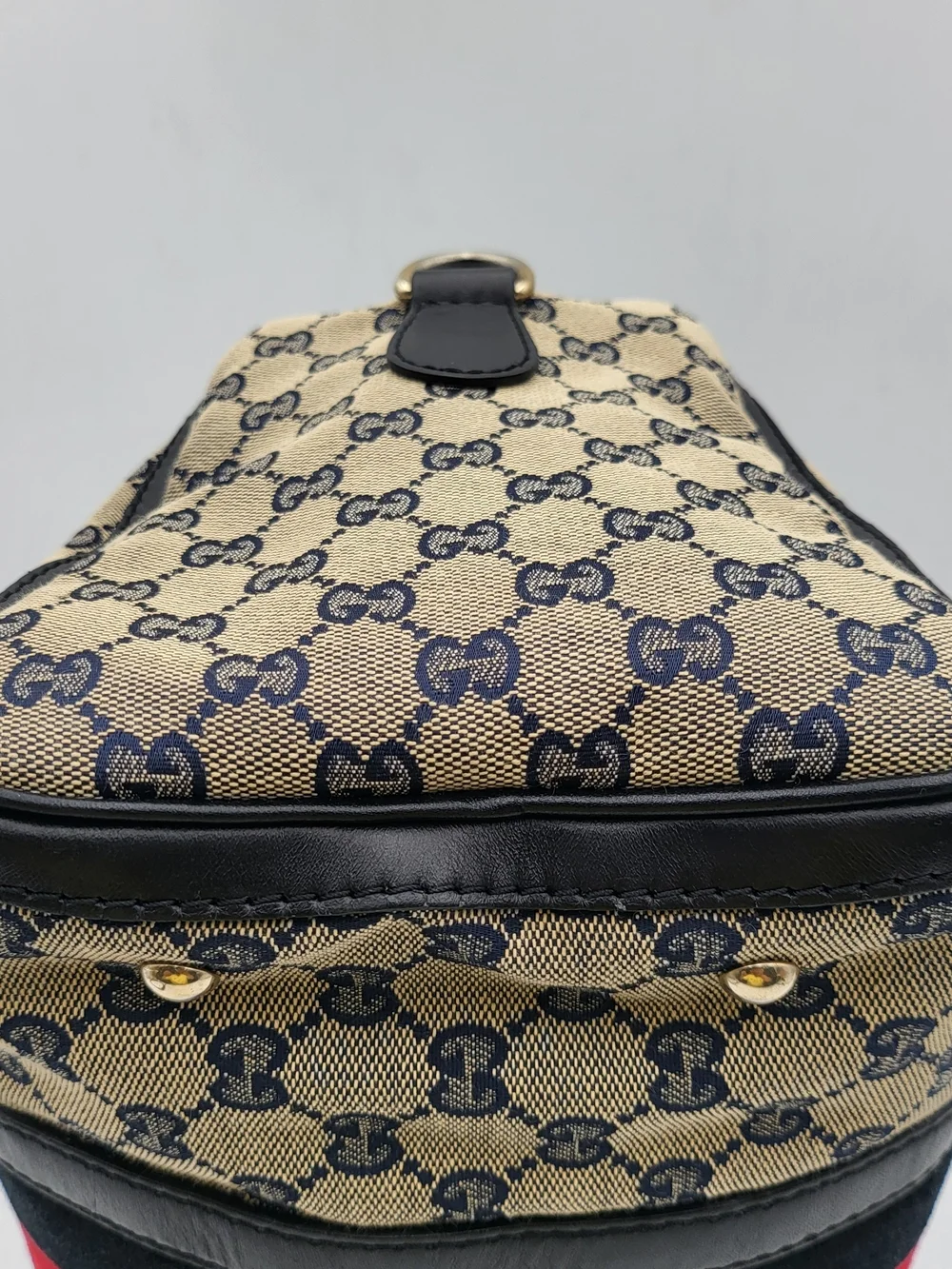 GUCCI Monogram Selleria Calfskin Vintage Web Medium Boston Black, Auth. w/COA..